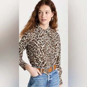 Tory Burch Reva Leopard Poplin Shirt Long Sleeve Button Down